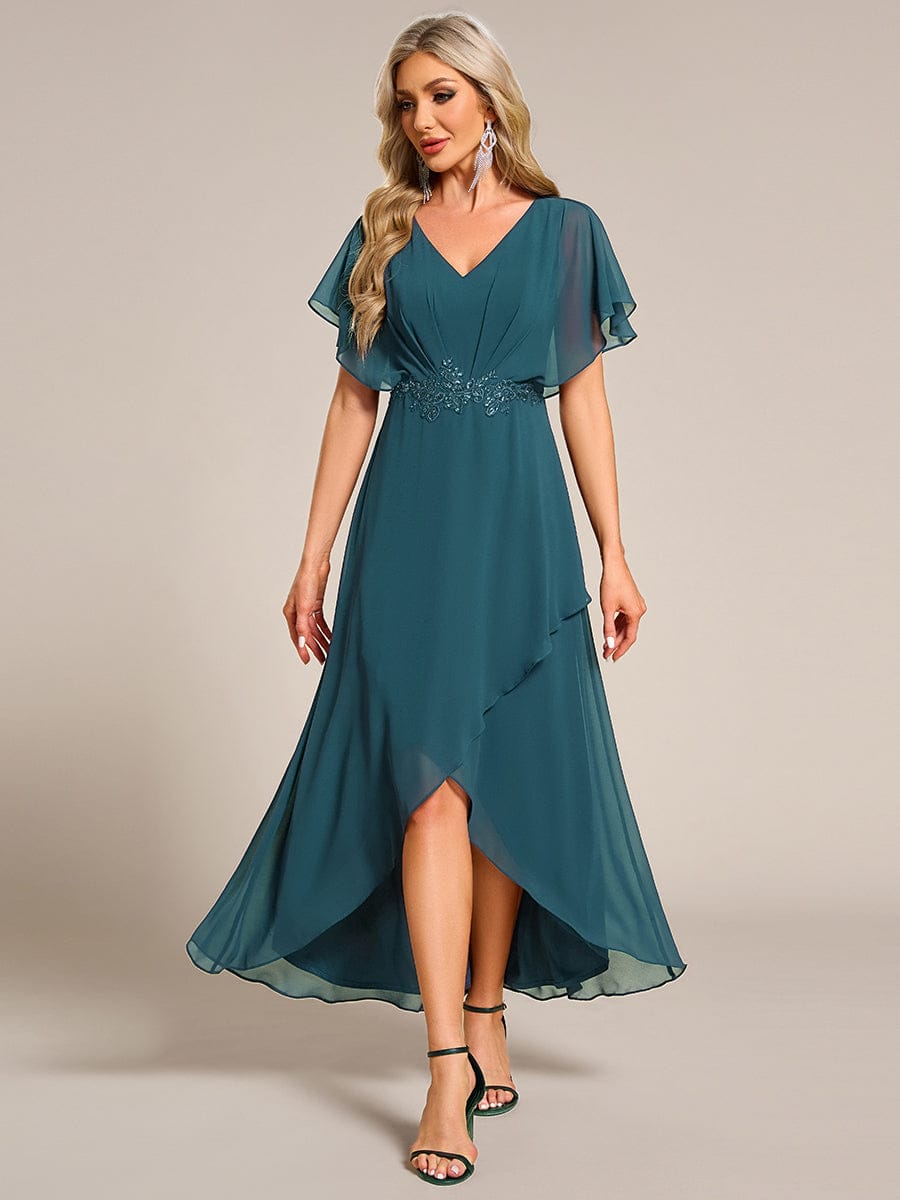 Elegant Short Sleeves A-Line Waist Applique Formal Dress with Lotus Leaf Hem #color_Teal