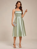 Spaghetti Strap Pleated A-Line Midi Satin Wedding Guest Dress #color_Mint Green