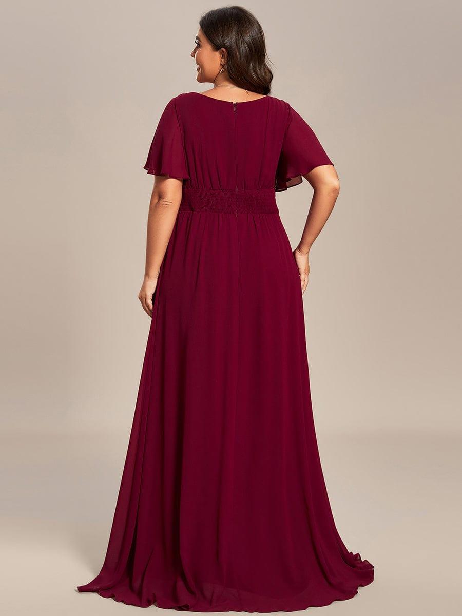 Plus Size Printed Chiffon Pleated Maxi Wedding Guest Dress #color_Burgundy