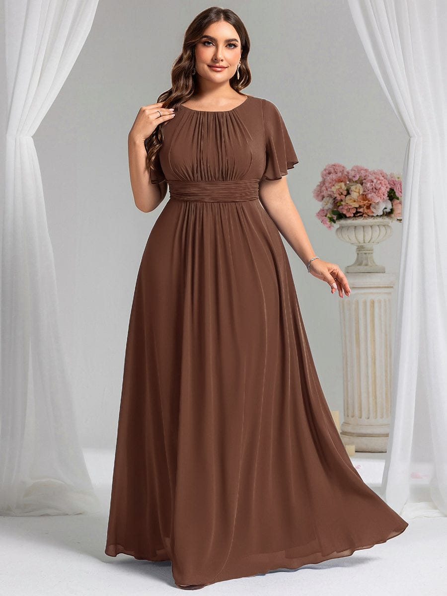 Plus Size Printed Chiffon Pleated Maxi Wedding Guest Dress #color_Brown