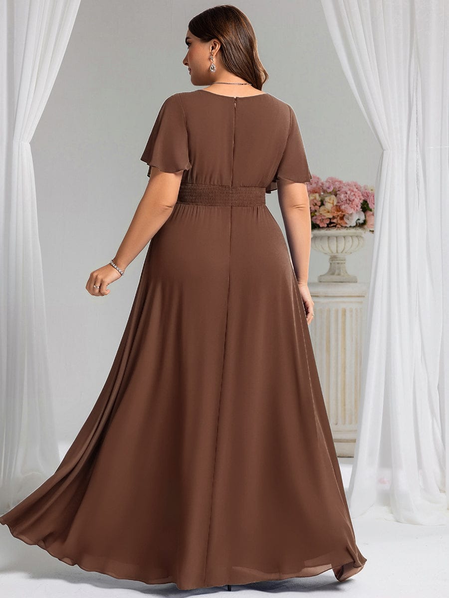 Plus Size Printed Chiffon Pleated Maxi Wedding Guest Dress #color_Brown