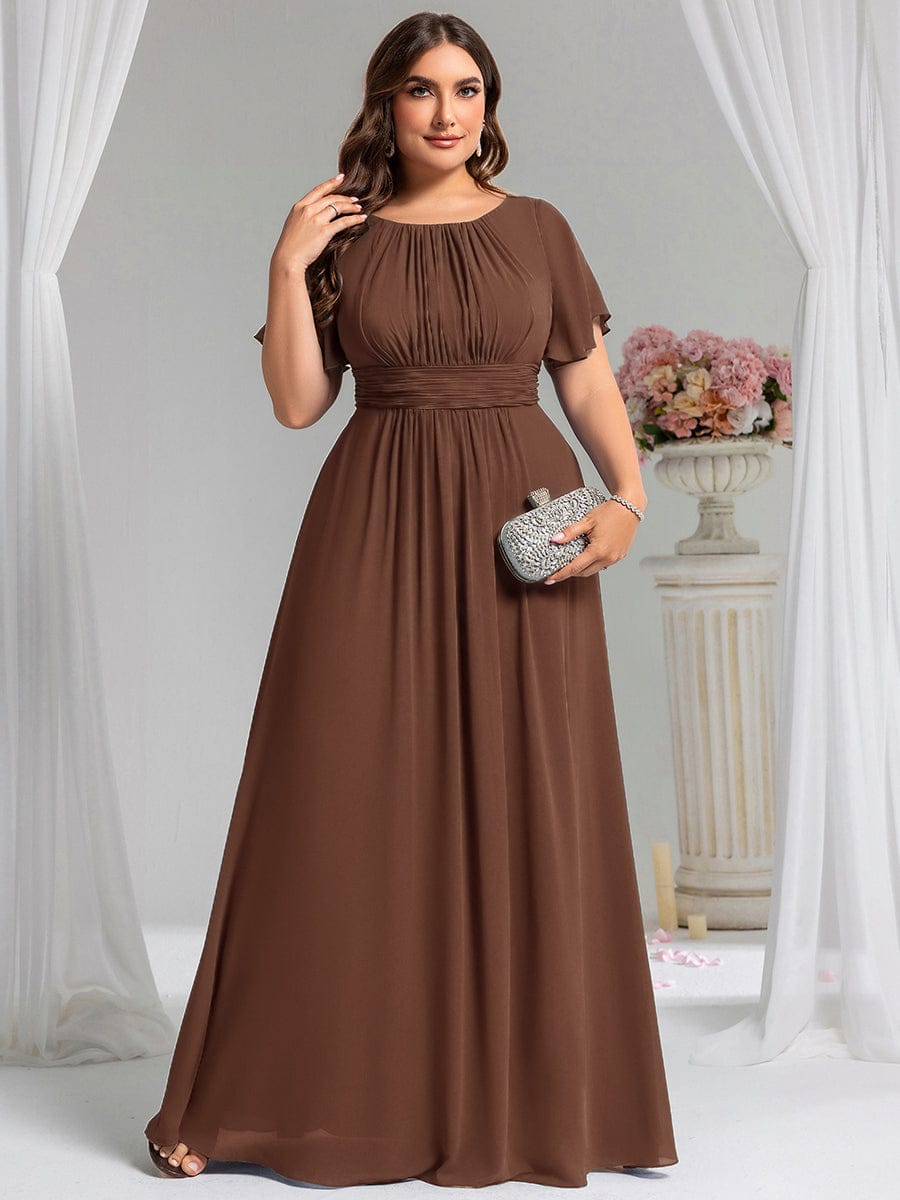 Plus Size Printed Chiffon Pleated Maxi Wedding Guest Dress #color_Brown