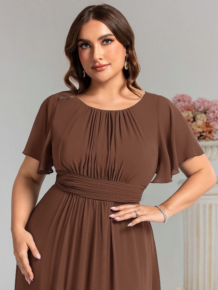Plus Size Printed Chiffon Pleated Maxi Wedding Guest Dress #color_Brown