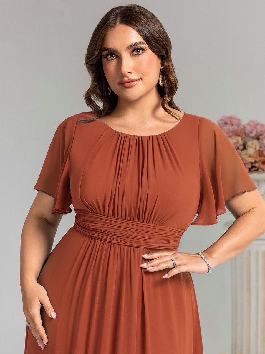 Plus Size Printed Chiffon Pleated Maxi Wedding Guest Dress #color_Burnt Orange