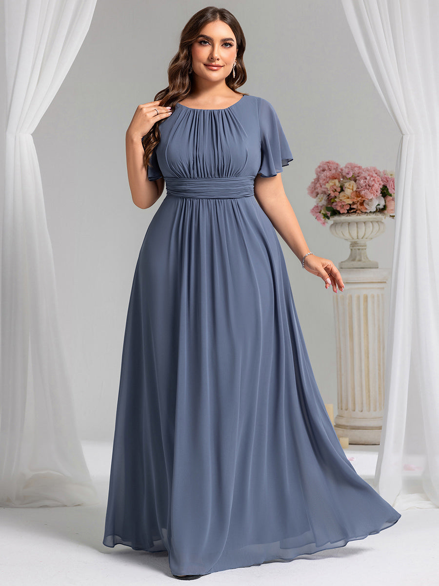 Plus Size Printed Chiffon Pleated Maxi Wedding Guest Dress #color_Dusty Blue