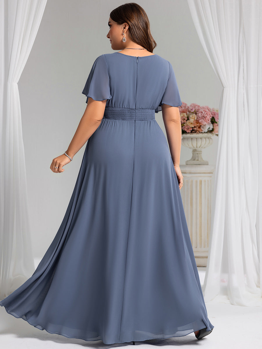 Plus Size Printed Chiffon Pleated Maxi Wedding Guest Dress #color_Dusty Blue