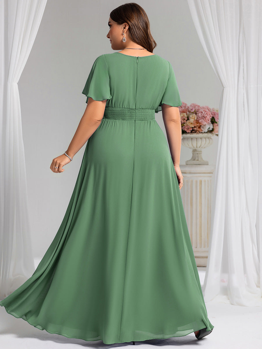 Plus Size Printed Chiffon Pleated Maxi Wedding Guest Dress #color_Green Bean