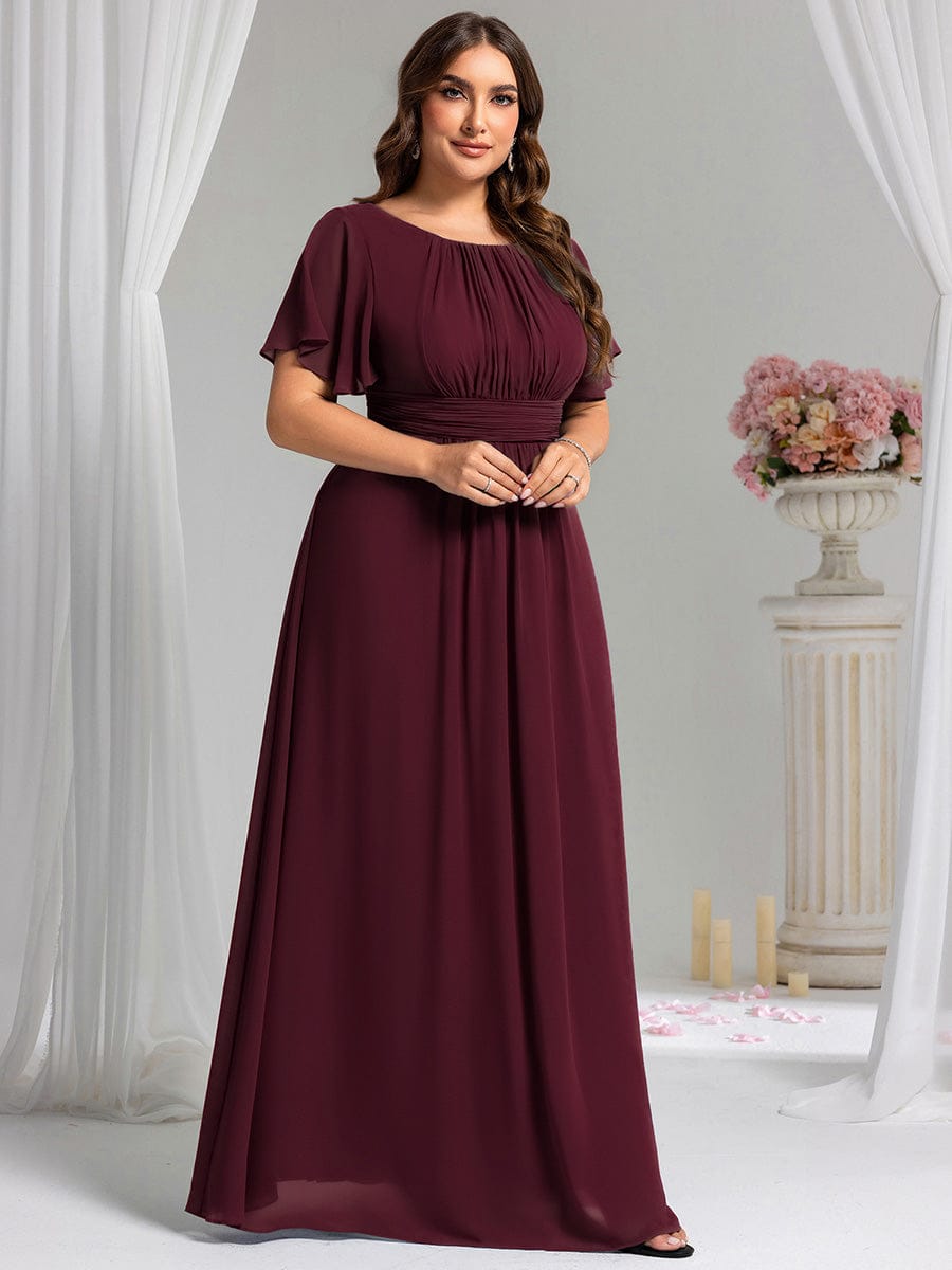 Plus Size Printed Chiffon Pleated Maxi Wedding Guest Dress #color_Mulberry