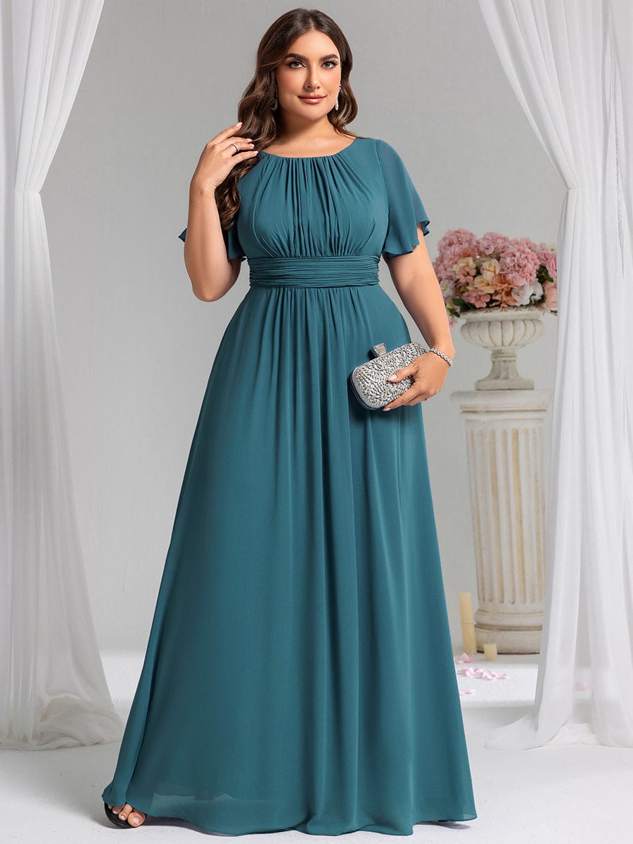 Plus Size Printed Chiffon Pleated Maxi Wedding Guest Dress #color_Teal