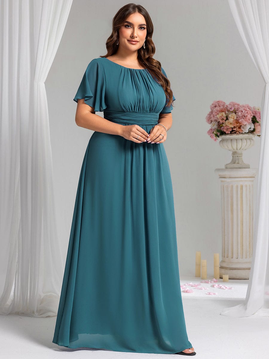 Plus Size Printed Chiffon Pleated Maxi Wedding Guest Dress #color_Teal