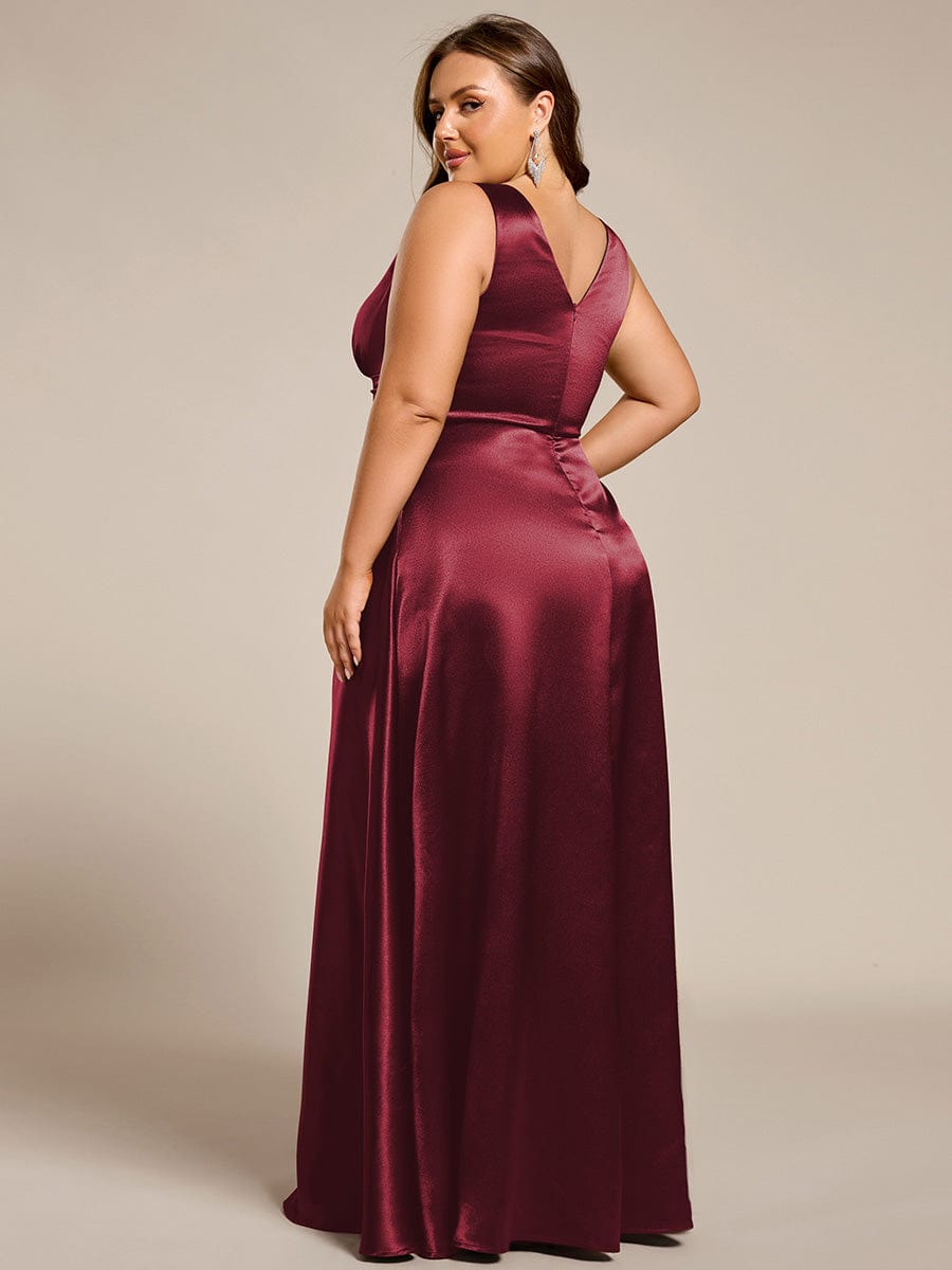 Double V-neck Satin Maxi Formal Dress with Pockets #color_Burgundy