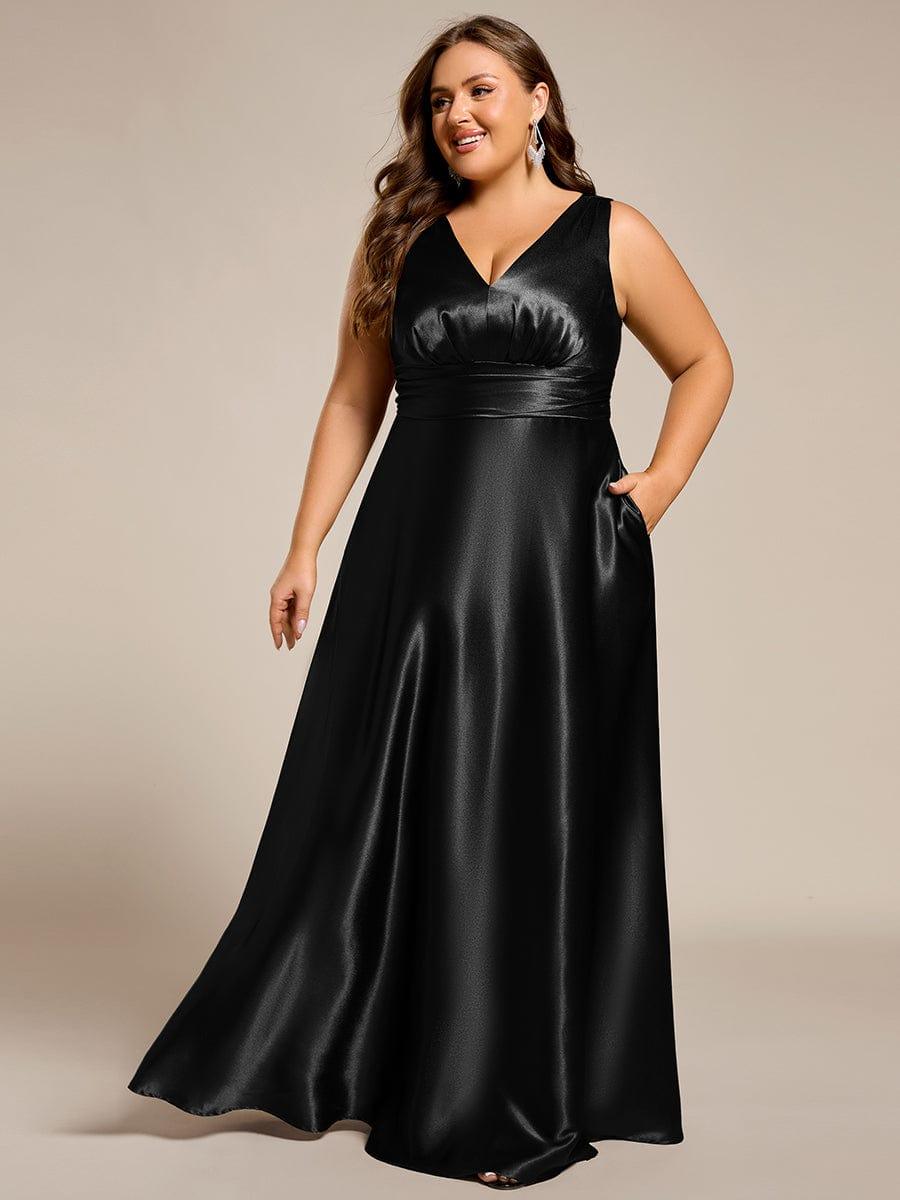 Double V-neck Satin Maxi Formal Dress with Pockets #color_Black