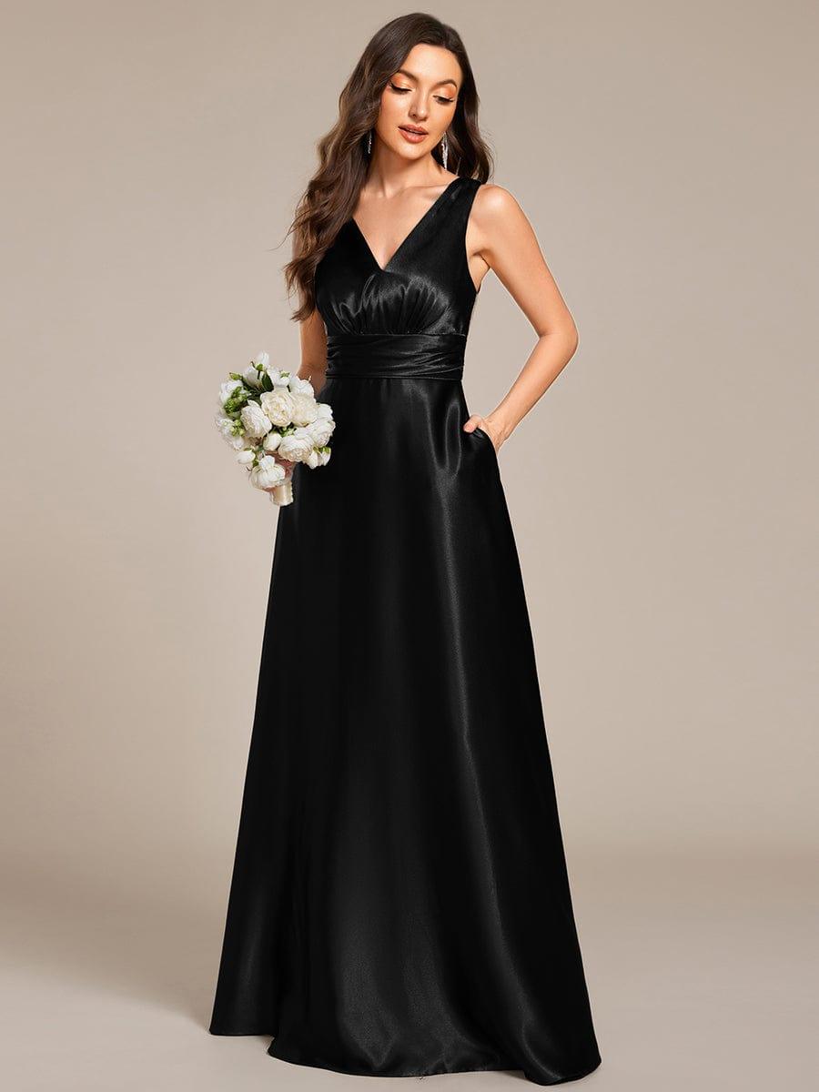 Double V-neck Satin Maxi Formal Dress with Pockets #color_Black