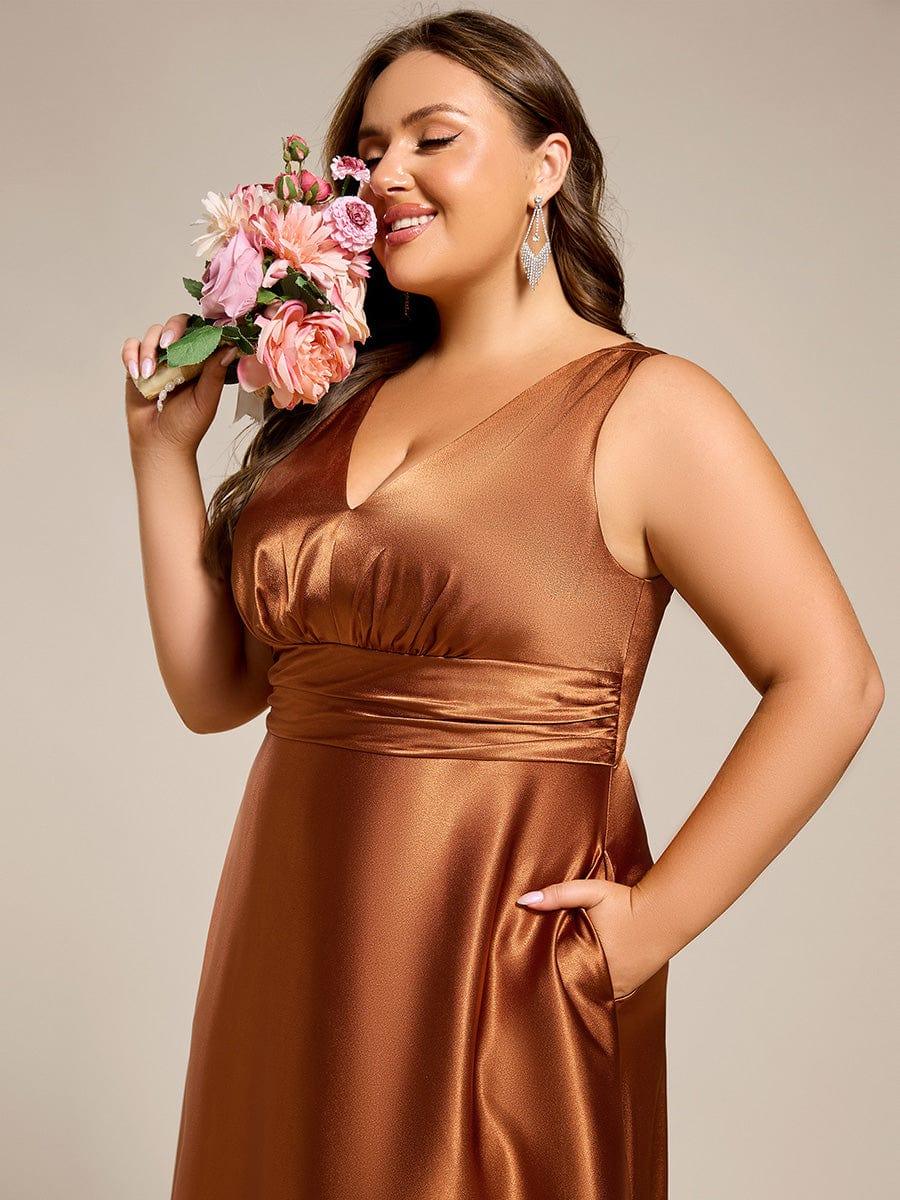 Double V-neck Satin Maxi Formal Dress with Pockets #color_Copper