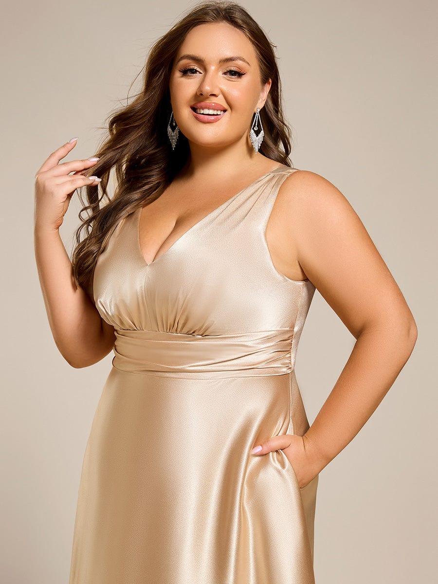 Double V-neck Satin Maxi Formal Dress with Pockets #color_Champagne
