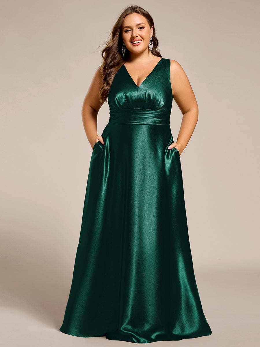 Double V-neck Satin Maxi Formal Dress with Pockets #color_Dark Green