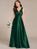 Color=Dark Green | Elegant Deep V-Neck Floor Length Empire Waist Satin Bridesmaid Dresses with Pockets-Dark Green 41