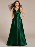 Double V-neck Satin Maxi Formal Dress with Pockets #color_Dark Green