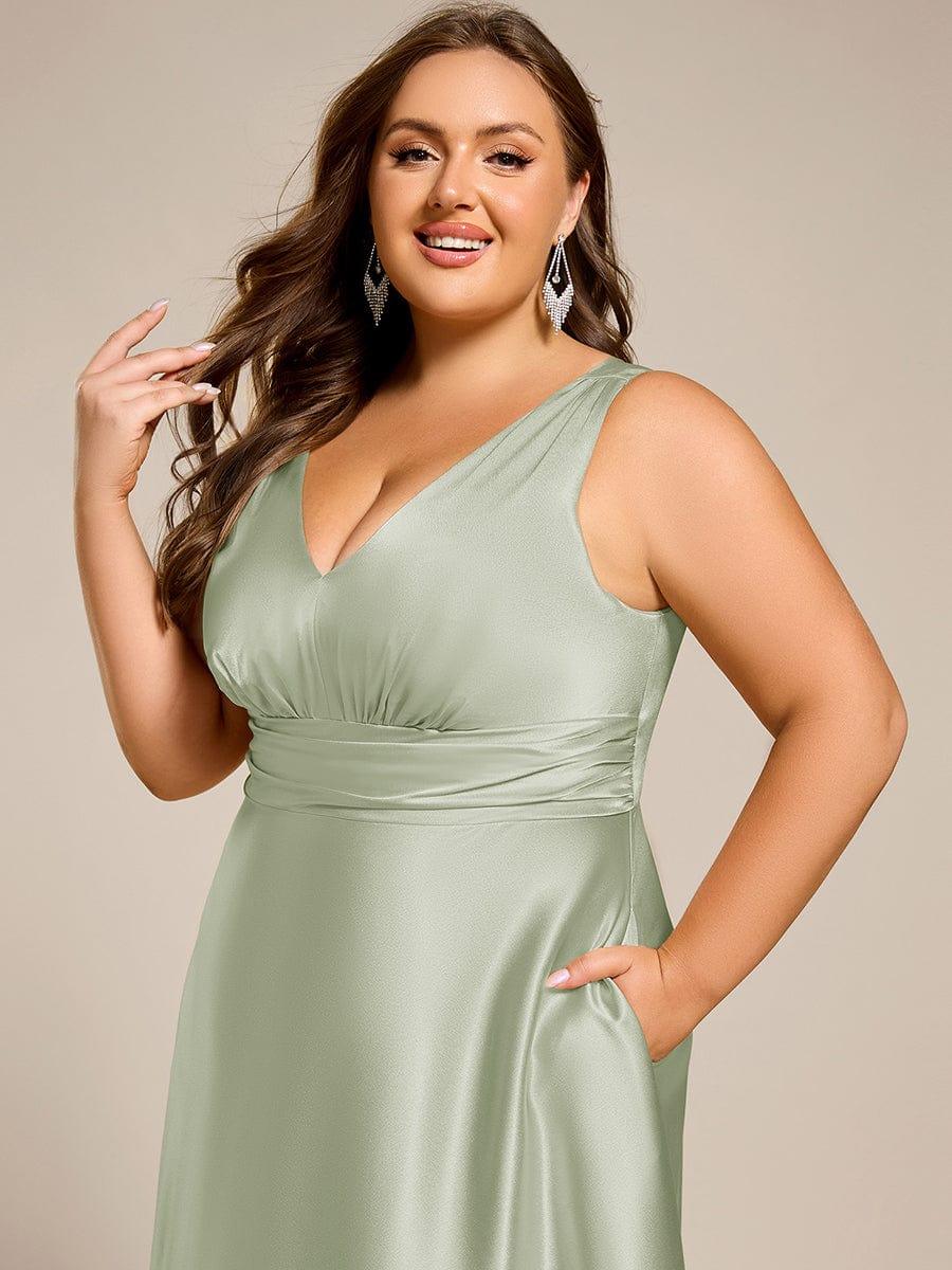 Double V-neck Satin Maxi Formal Dress with Pockets #color_Mint Green