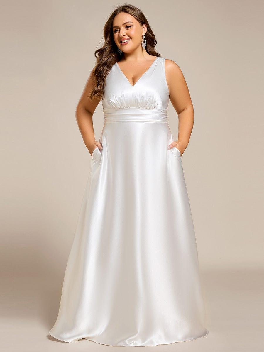 Double V-neck Satin Maxi Formal Dress with Pockets #color_White