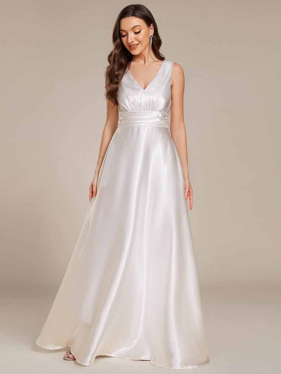 Double V-neck Satin Maxi Formal Dress with Pockets #color_White