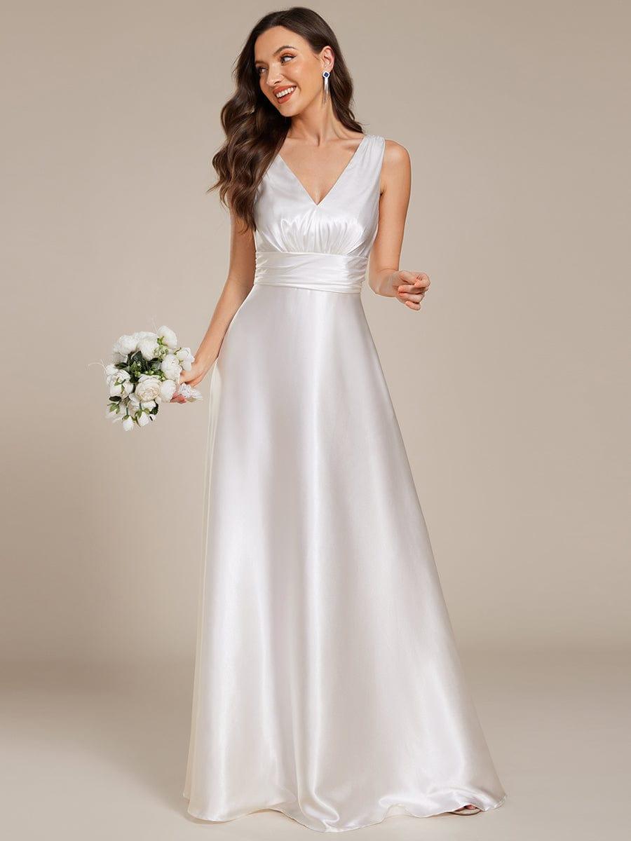 Double V-neck Satin Maxi Formal Dress with Pockets #color_White