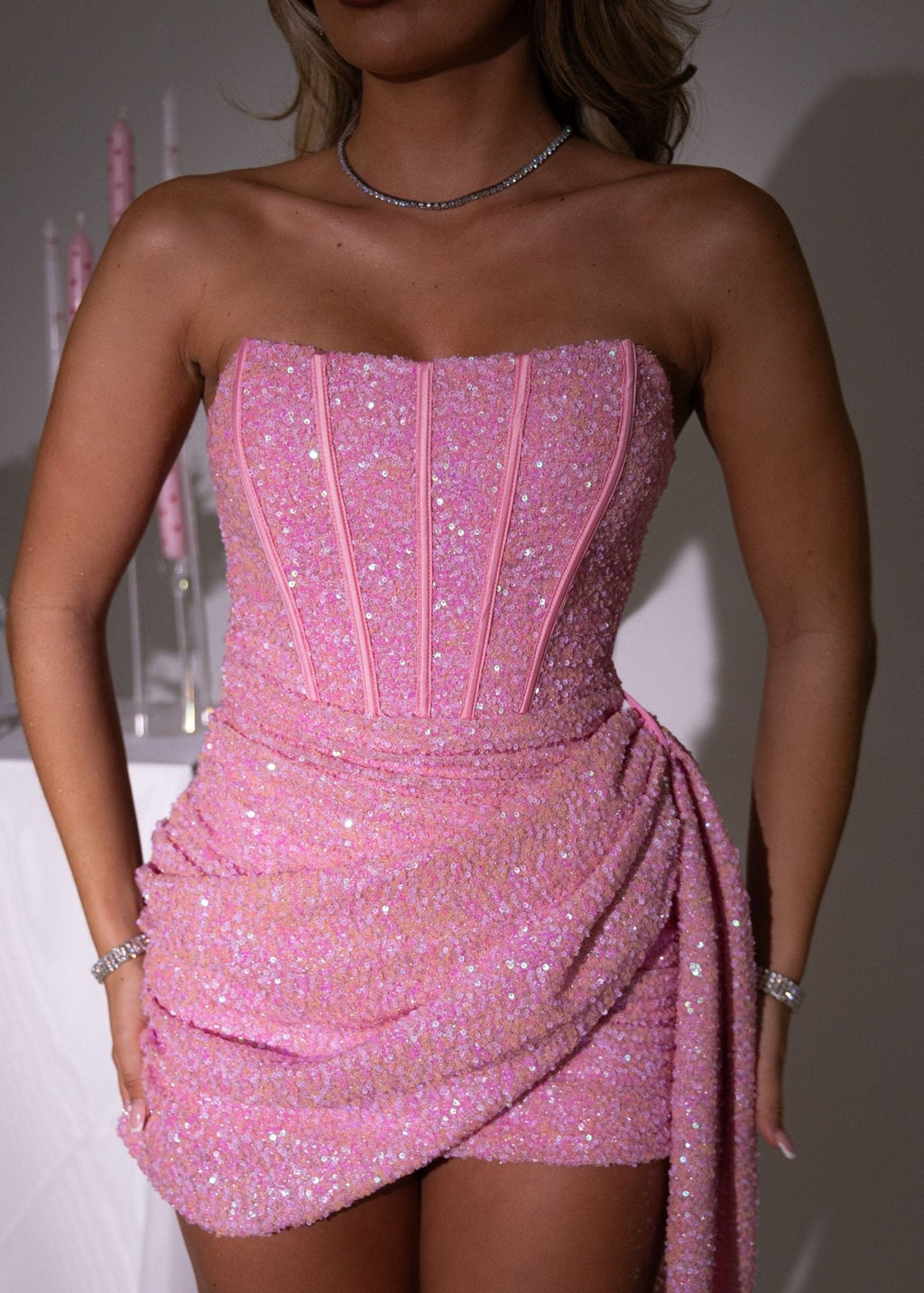 Endless Serenade Sequin Drape Mini Dress - Pink - Dressmezee