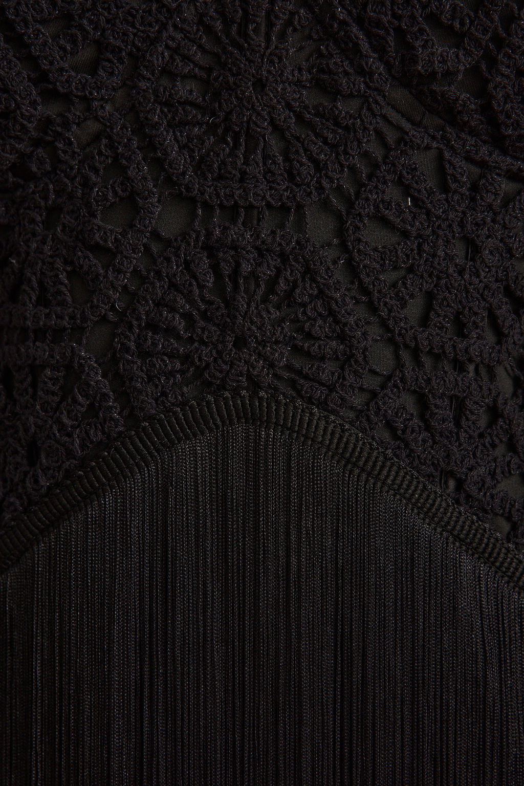 Additional view of the Finnley Black Crochet Fringe Mini Dress from a different perspective.