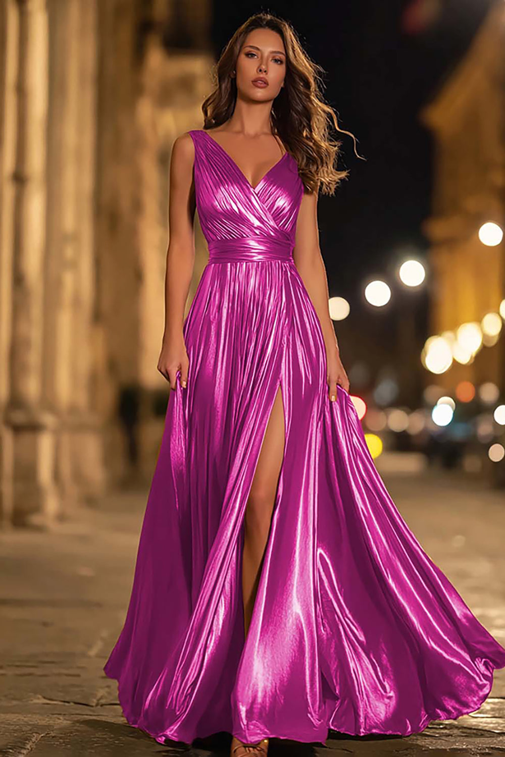 Sparkly Gold A-Line Metallic Ruched Pleated Long Formal Dress with Slit