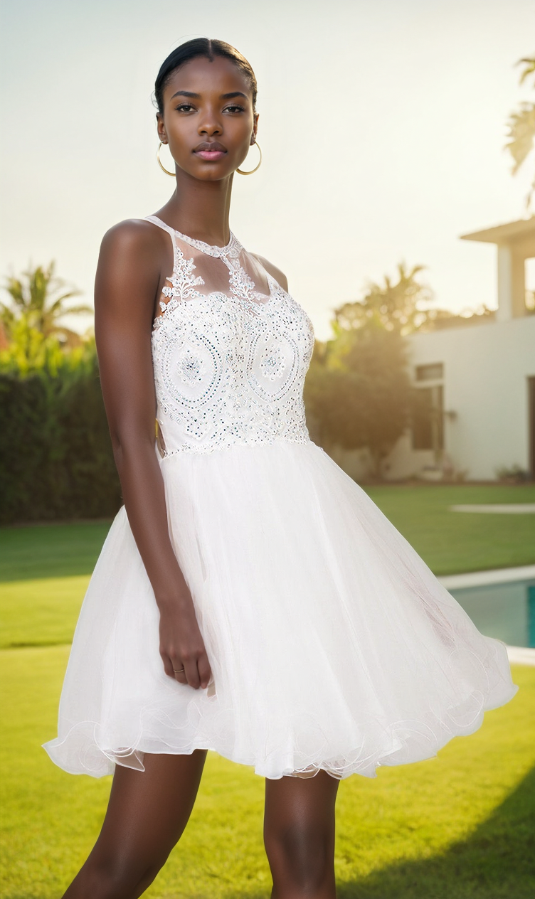 Dancing Queen-Beaded Embroidered Lace Short Babydoll Party Dress