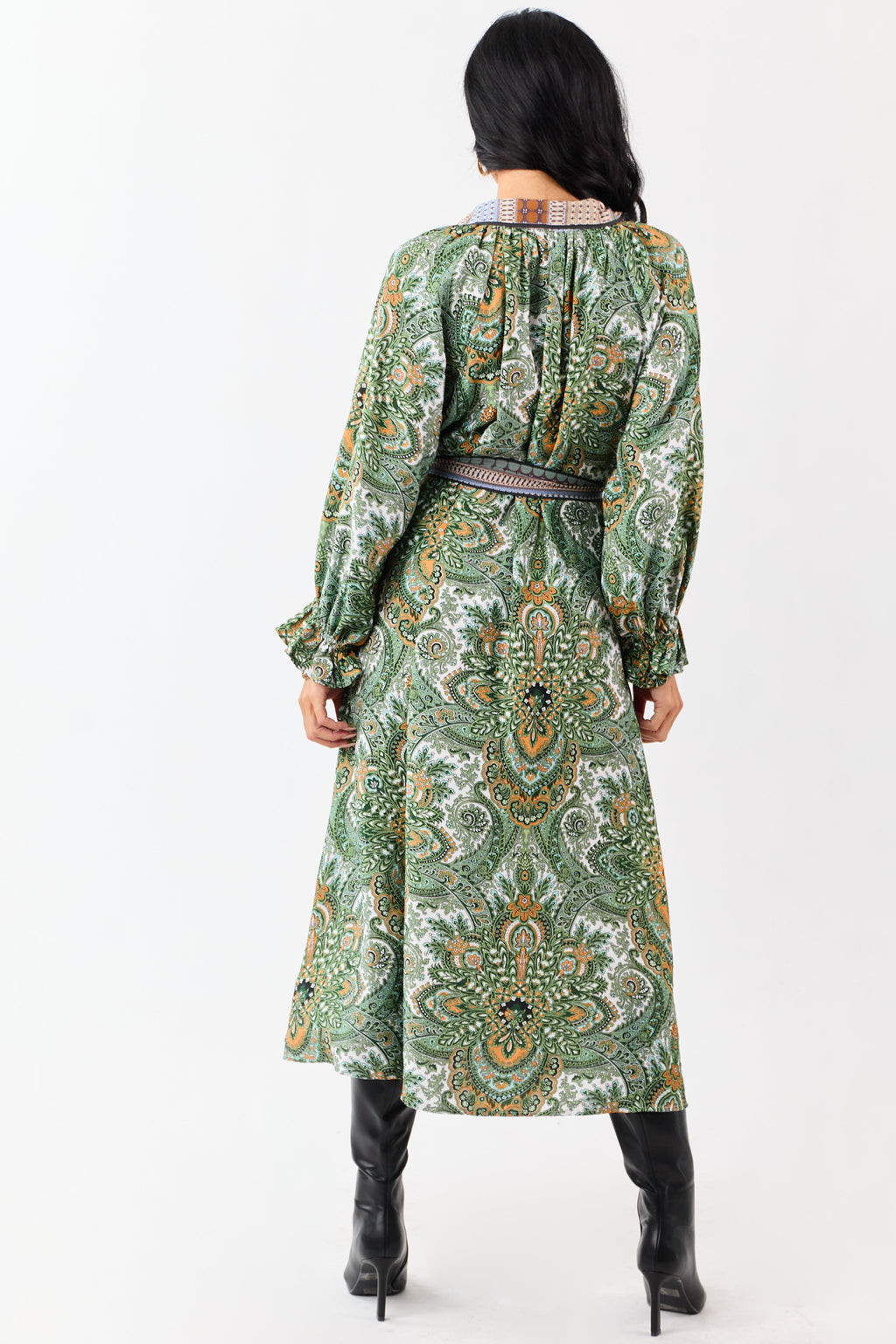 Hunter Green Boho Paisley Button Down Midi Dress