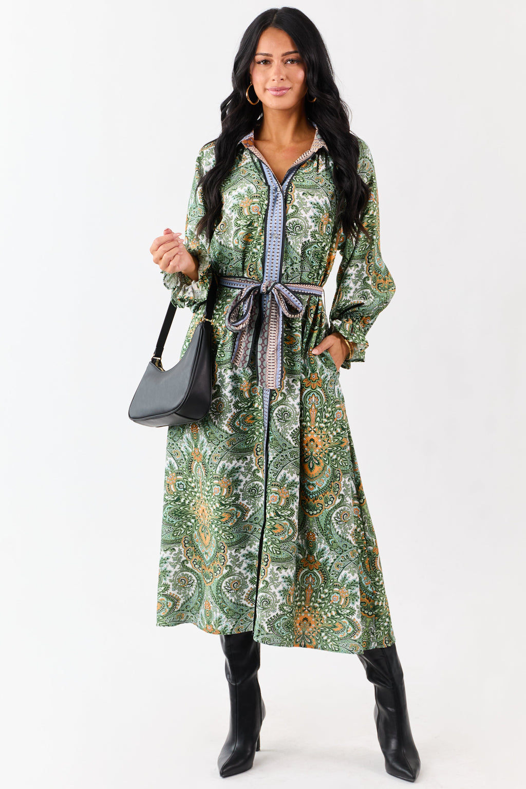 Hunter Green Boho Paisley Button Down Midi Dress