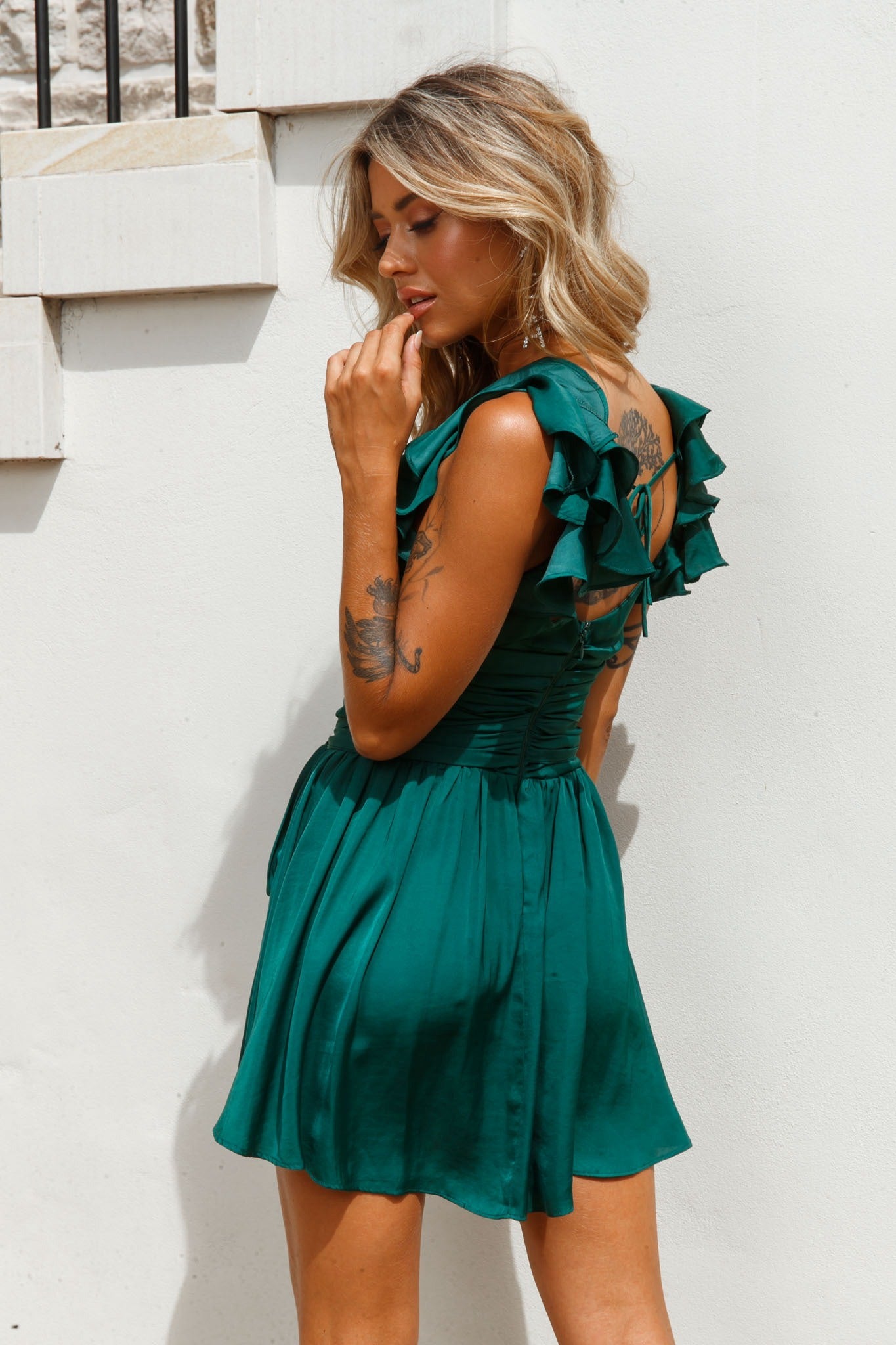 Lola Ruffle Shoulder Ruched Dress Forest Green by Selfie Leslie