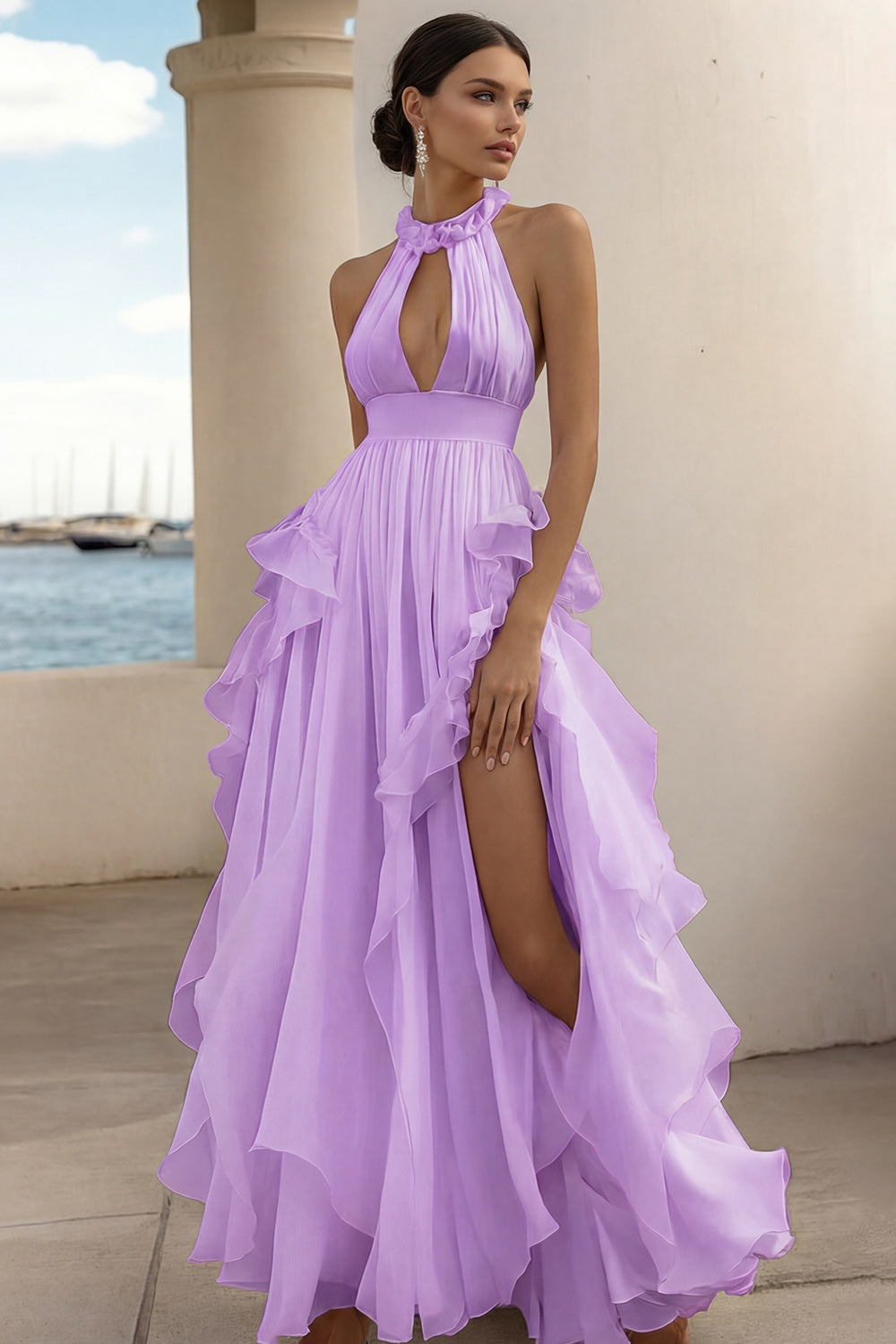 A Line White Ruffled Keyhole Long Rehearsal Dinner Dress with Slit