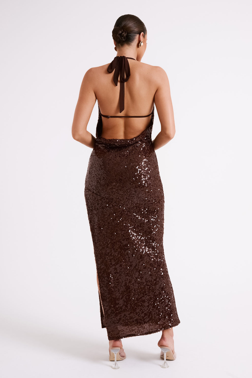 BLAKELY HALTER SEQUIN MAXI DRESS - DARK CHOCOLATE