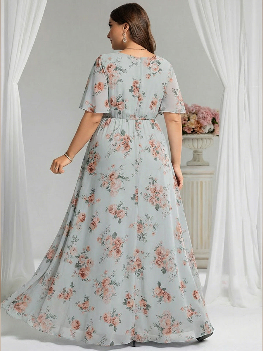Plus Size Printed Chiffon Pleated Maxi Wedding Guest Dress #color_Amber Bloom