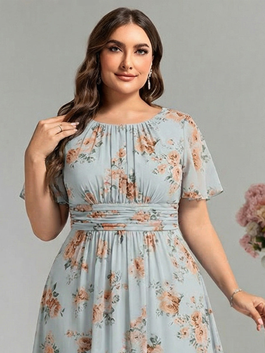 Plus Size Printed Chiffon Pleated Maxi Wedding Guest Dress #color_Amber Bloom