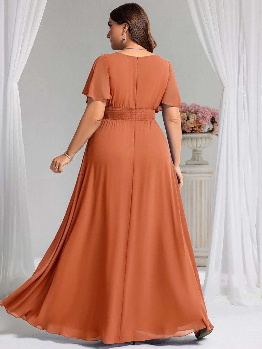 Plus Size Printed Chiffon Pleated Maxi Wedding Guest Dress #color_Brandied Melon