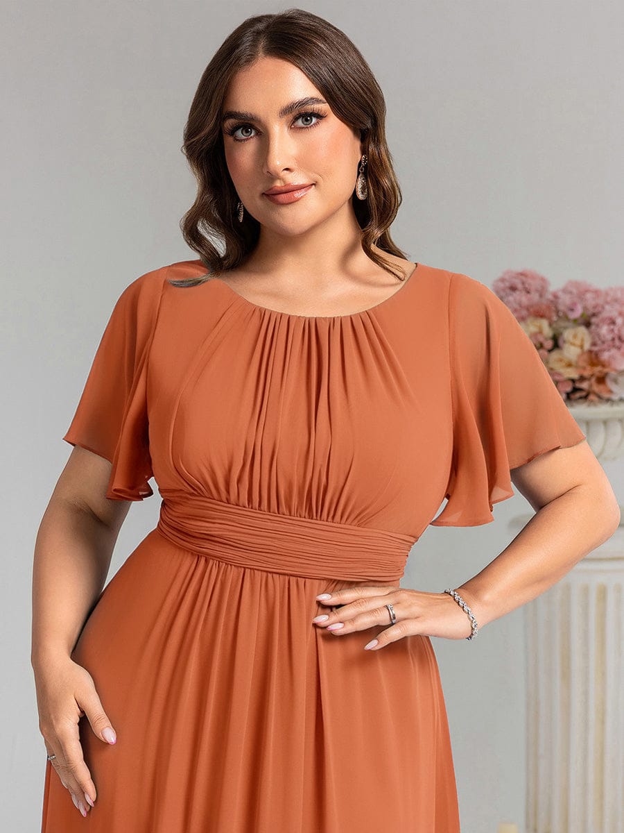 Plus Size Printed Chiffon Pleated Maxi Wedding Guest Dress #color_Brandied Melon