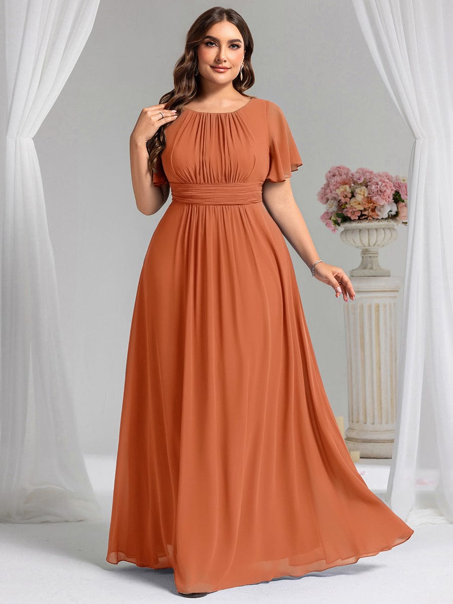 Plus Size Printed Chiffon Pleated Maxi Wedding Guest Dress #color_Brandied Melon