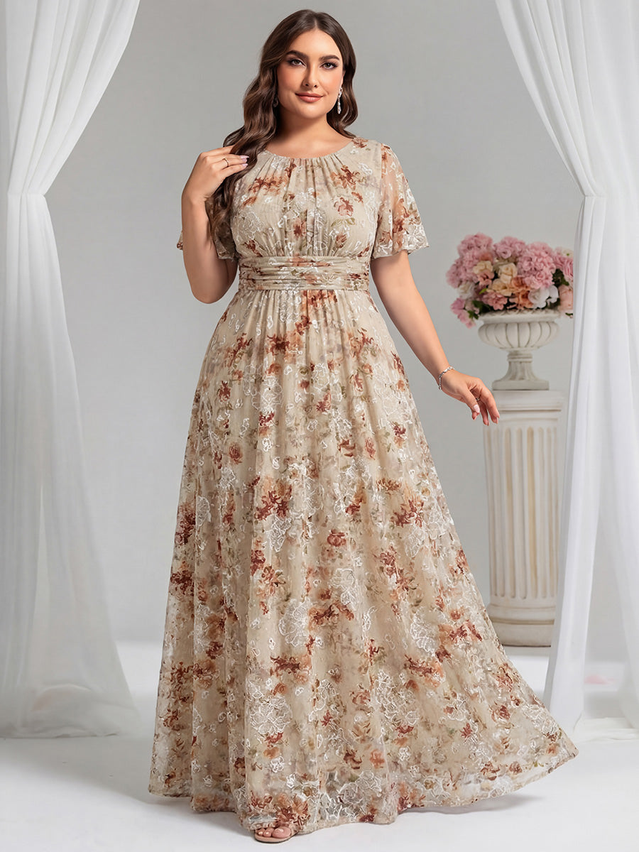 Plus Size Printed Chiffon Pleated Maxi Wedding Guest Dress #color_Champagne Print