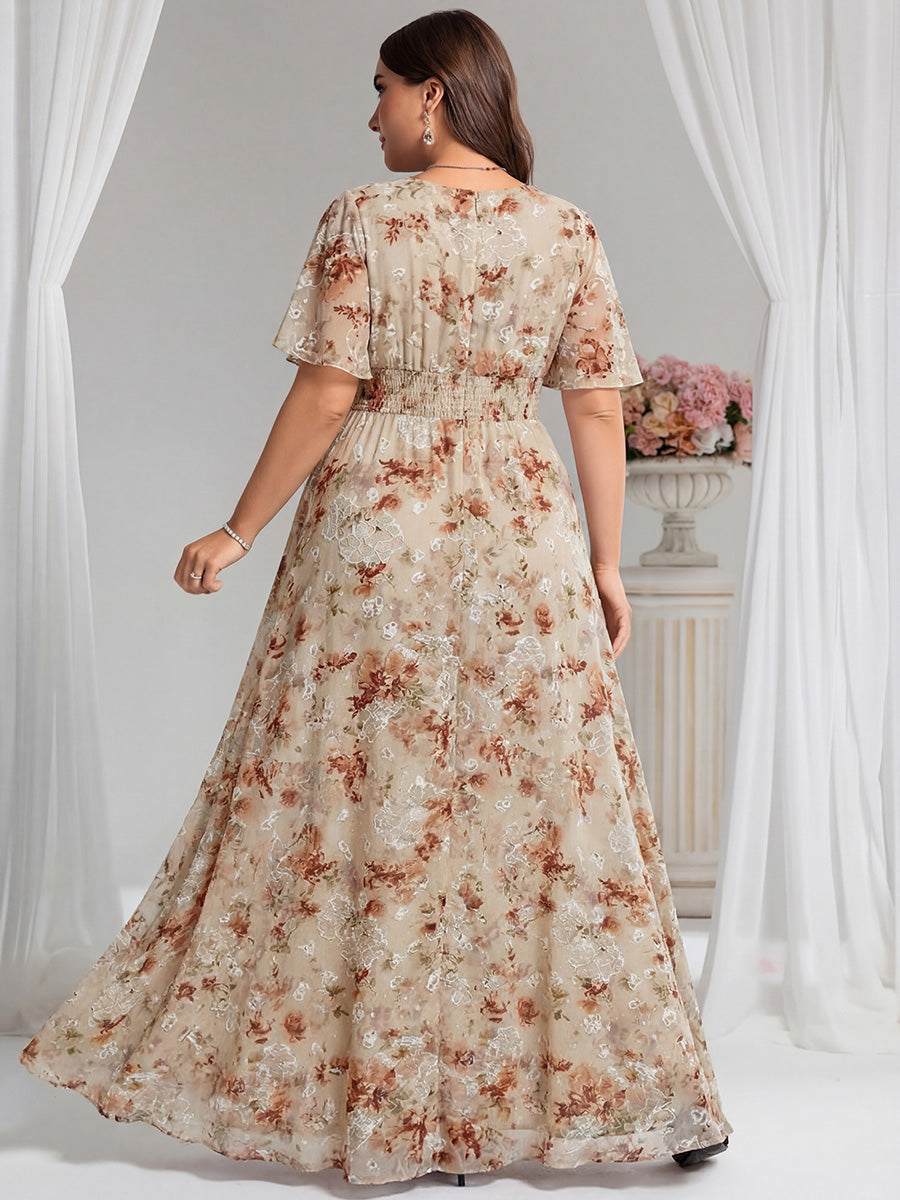 Plus Size Printed Chiffon Pleated Maxi Wedding Guest Dress #color_Champagne Print