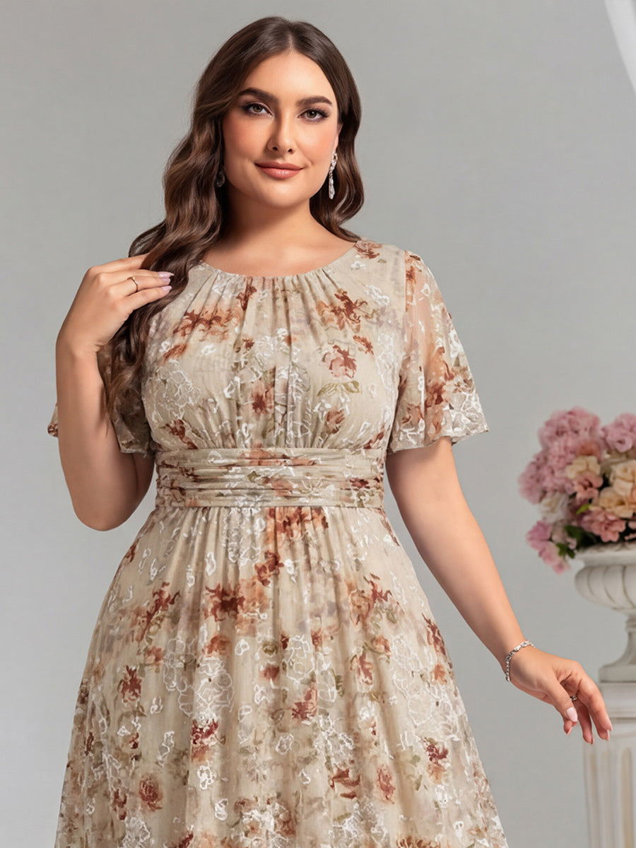 Plus Size Printed Chiffon Pleated Maxi Wedding Guest Dress #color_Champagne Print