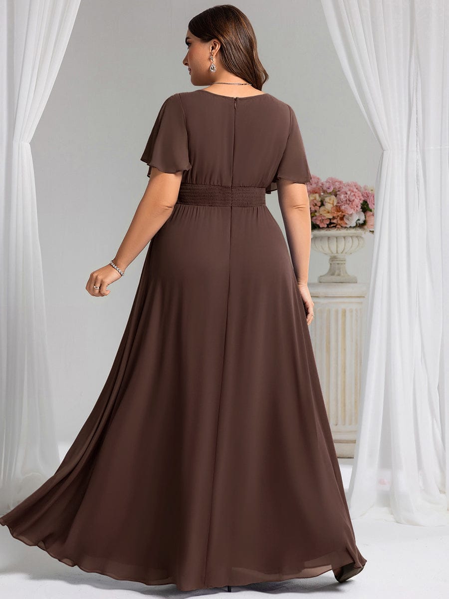 Plus Size Printed Chiffon Pleated Maxi Wedding Guest Dress #color_Espresso