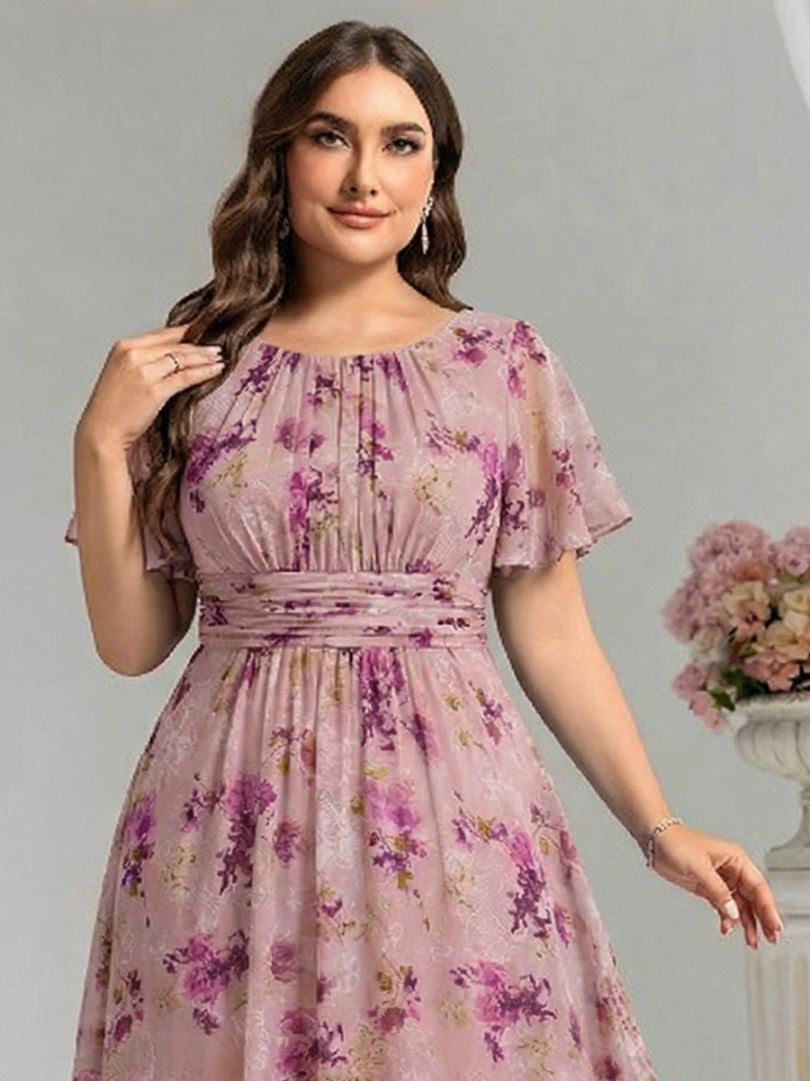 Plus Size Printed Chiffon Pleated Maxi Wedding Guest Dress #color_Light Purple Print
