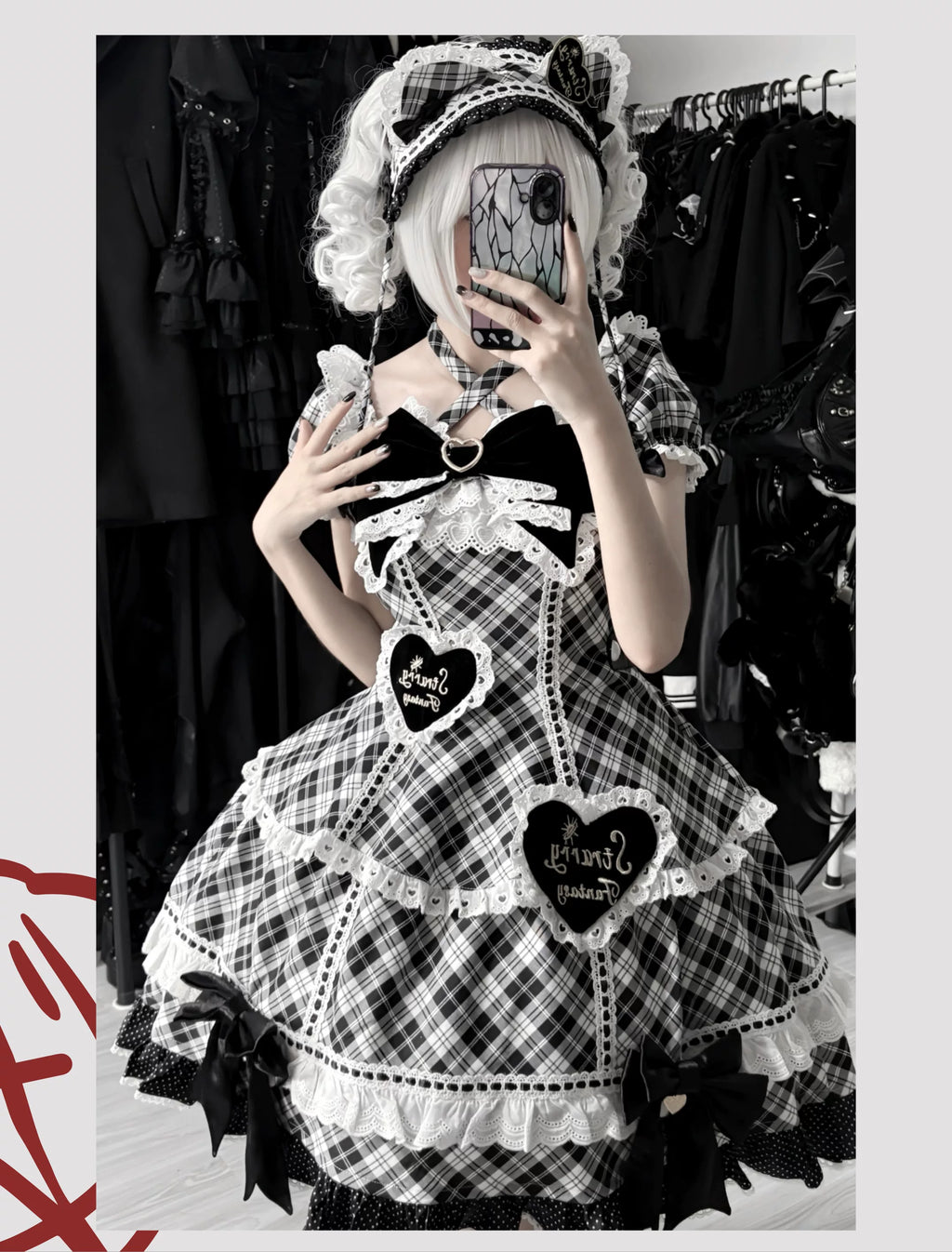 Shibuya Sweetheart - Plus Size Old School Lolita OP Dress, Side Pocket Black-white Plaid S OP + Hairband