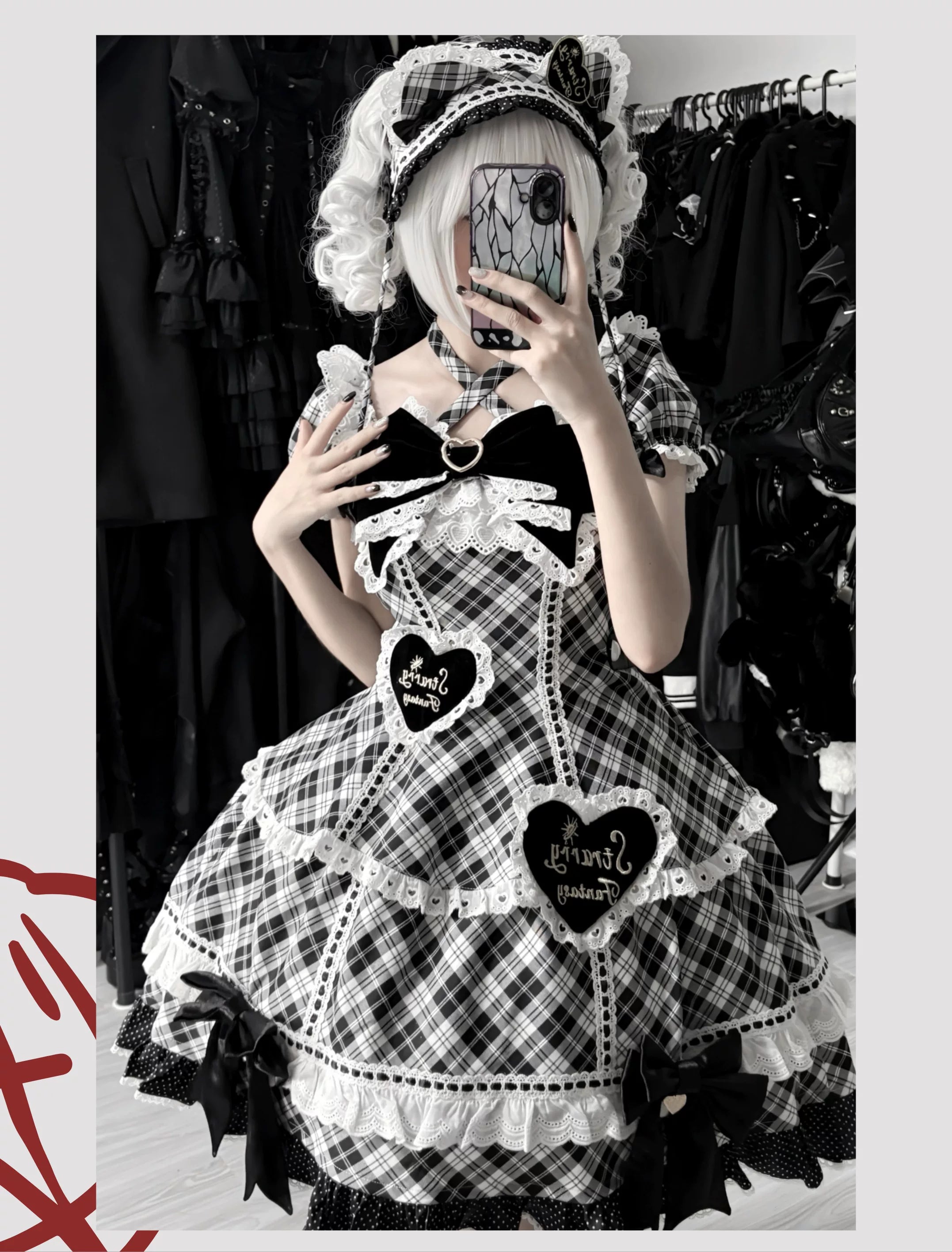 Shibuya Sweetheart - Plus Size Old School Lolita OP Dress, Side Pocket Black-white Plaid S OP + Hairband