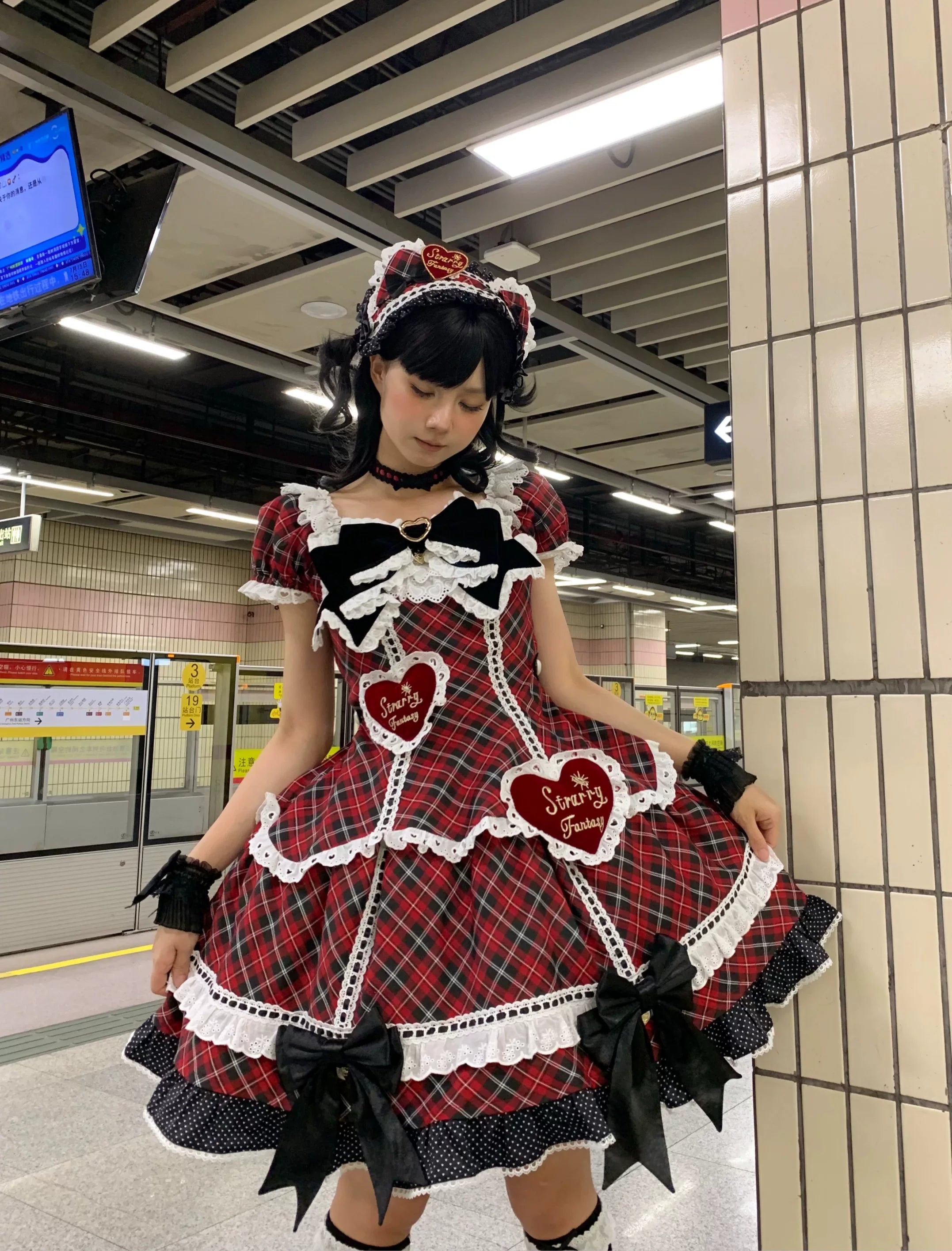 Shibuya Sweetheart - Plus Size Old School Lolita OP Dress, Side Pocket Red-black Plaid S OP + Hairband
