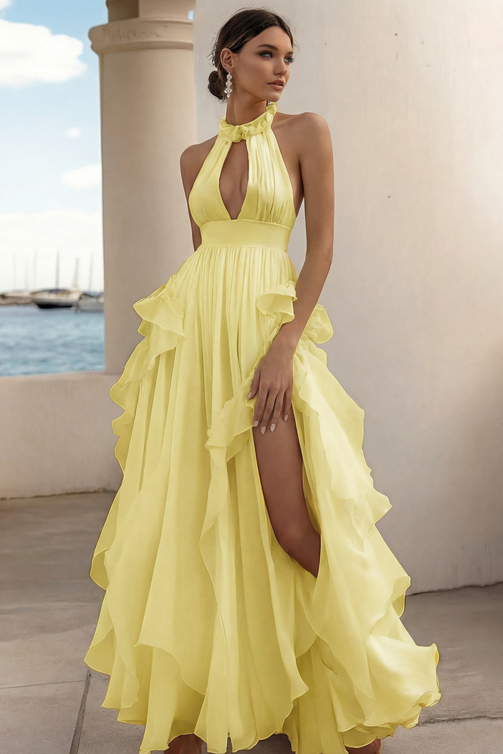 A Line White Ruffled Keyhole Long Rehearsal Dinner Dress with Slit