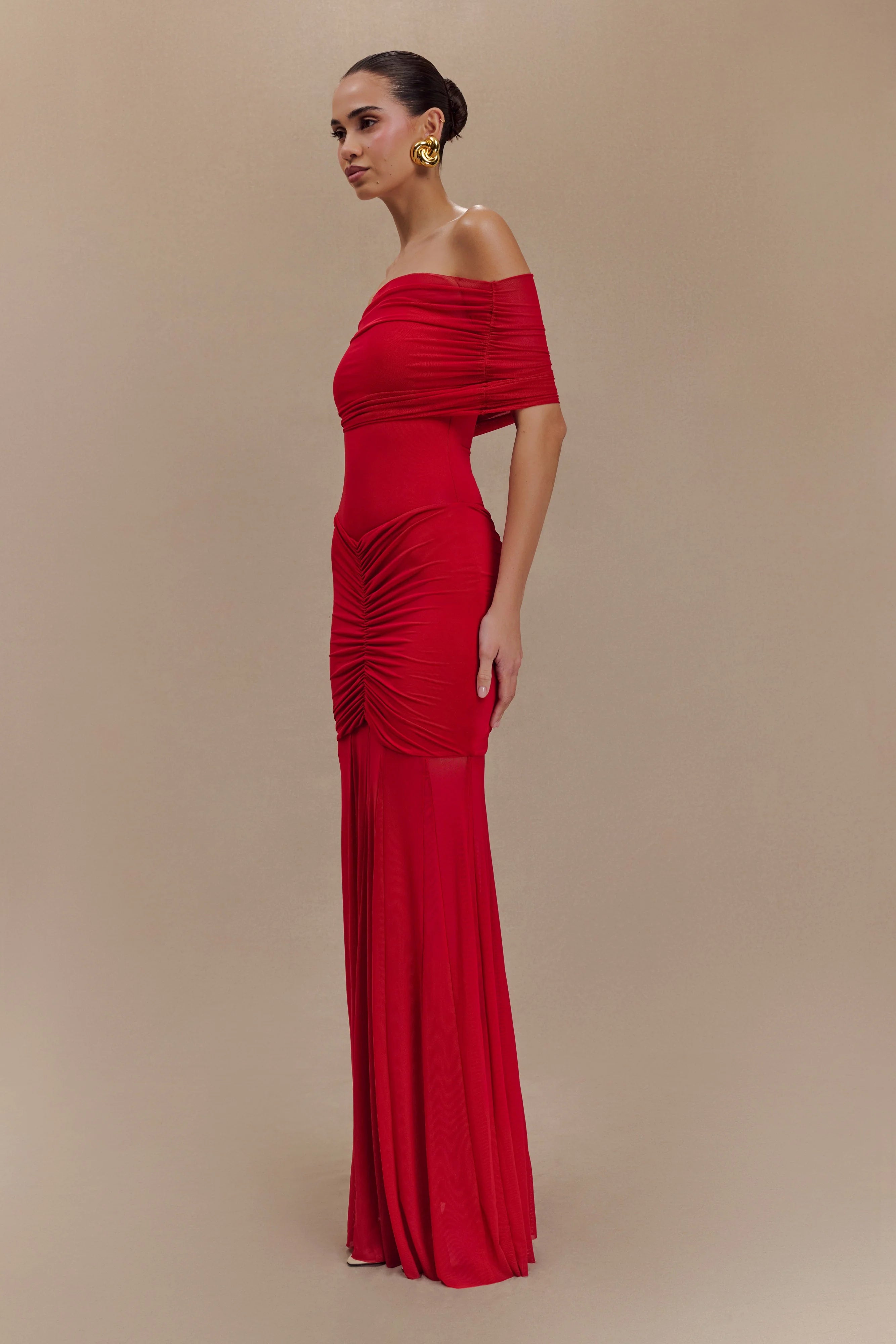 Caspian Slinky And Mesh Off Shoulder Maxi Dress - Ruby
